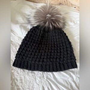Black Knit Beanie with Faux Fur Pom